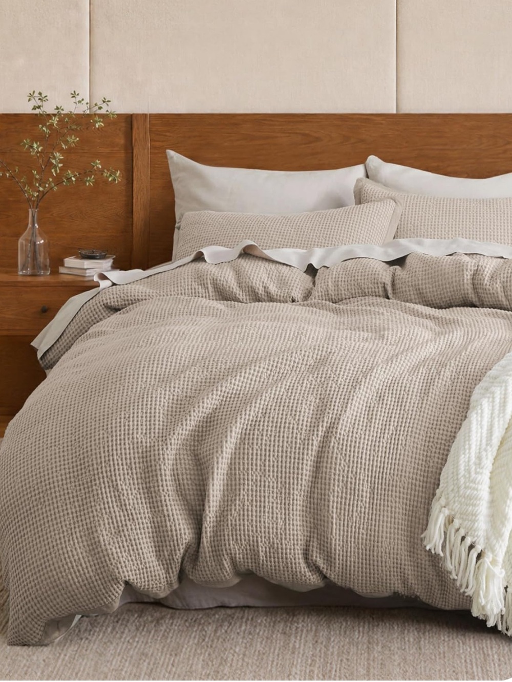 Bedsure PureWoven 3 Pieces 100% Cotton Waffle Duvet Cover Set, Queen, Khaki